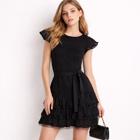 RED Valentino Dresses & Skirts - Red Valentino Black Knit Ruffle Dress Tie Waist Eyelet Lace Tiered Mini Sz XS S